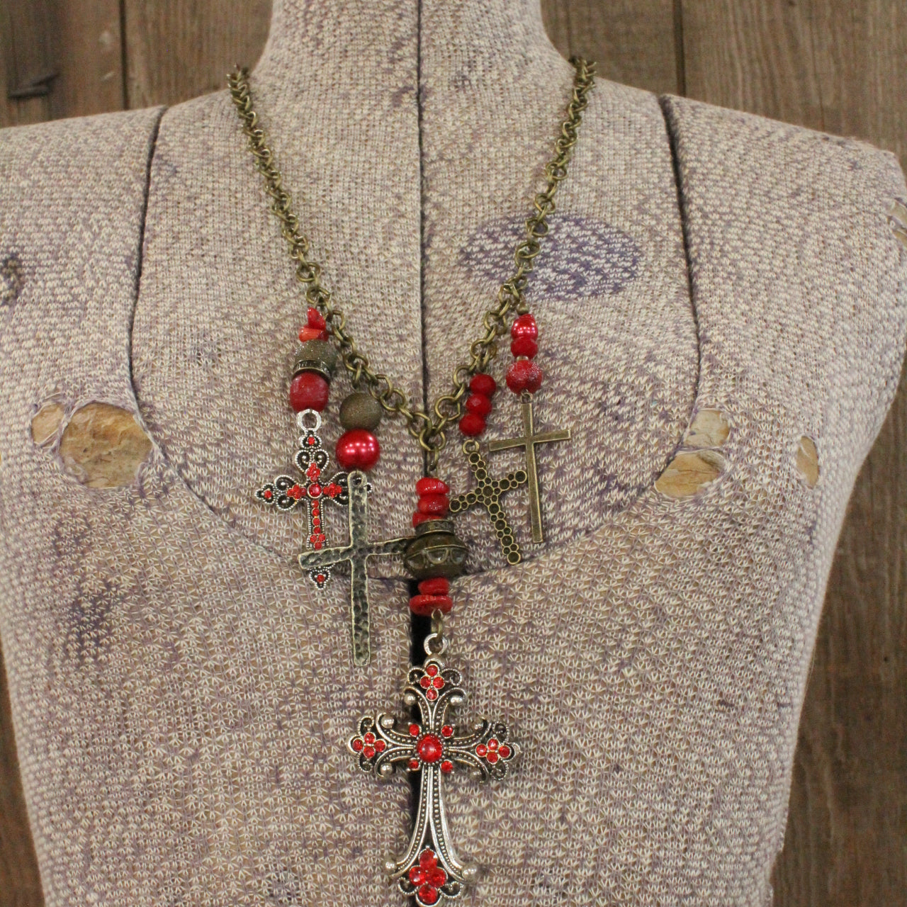 Vintage Mixed Metals Cross Red Pendant Charmed Necklace