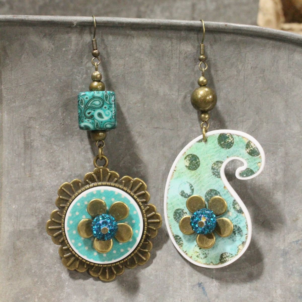 Peace, Paisley & Polka Dot Rusty Dangle Earrings