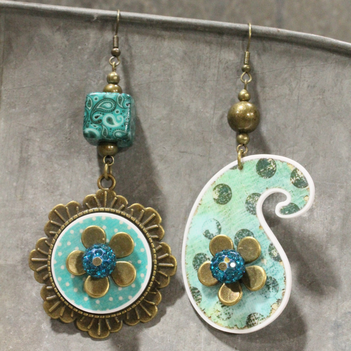 Peace, Paisley & Polka Dot Rusty Dangle Earrings