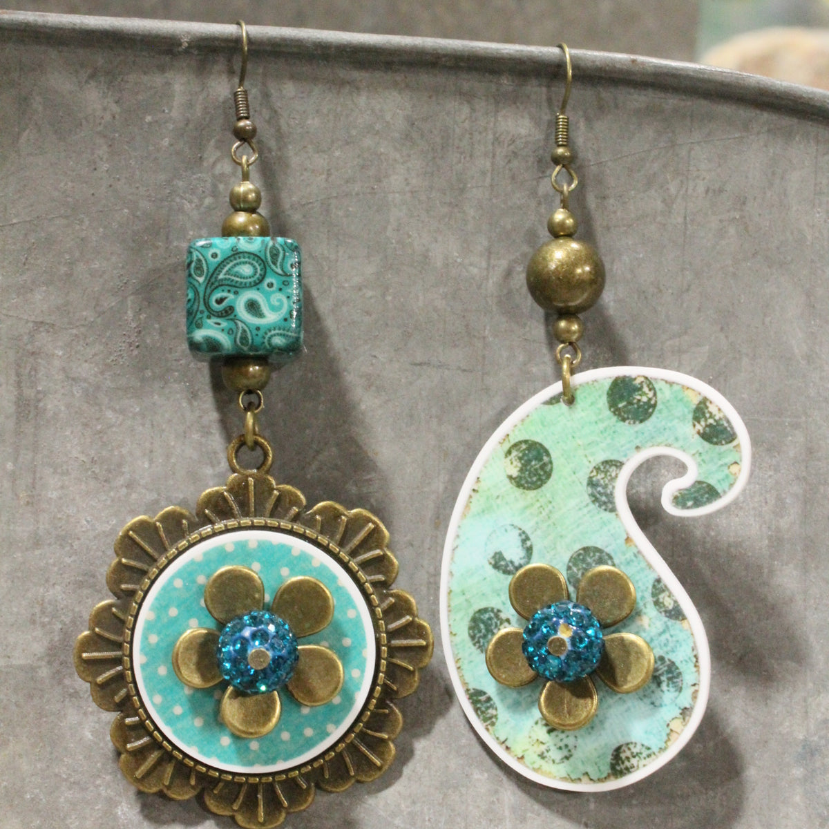 Peace, Paisley & Polka Dot Rusty Dangle Earrings