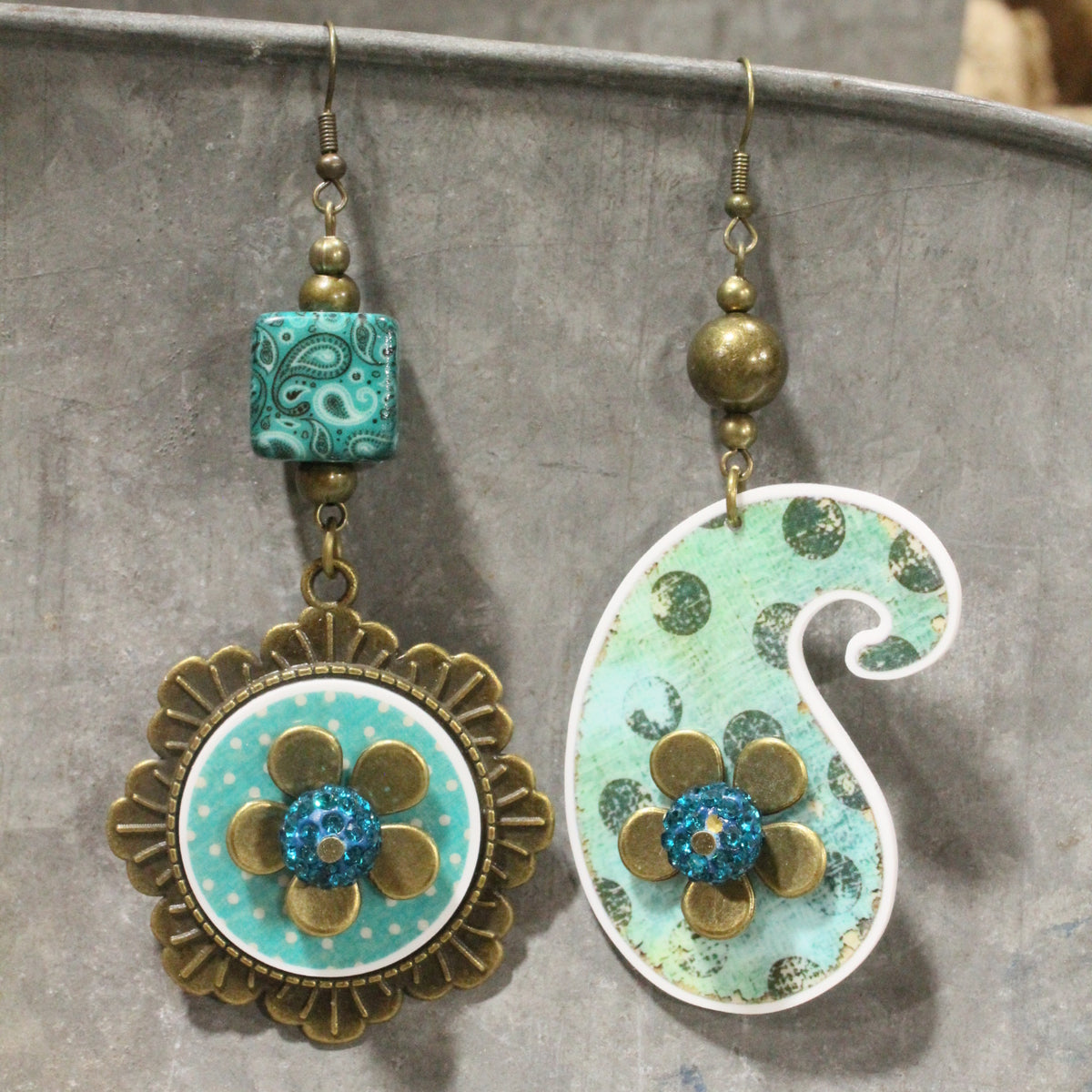 Peace, Paisley & Polka Dot Rusty Dangle Earrings
