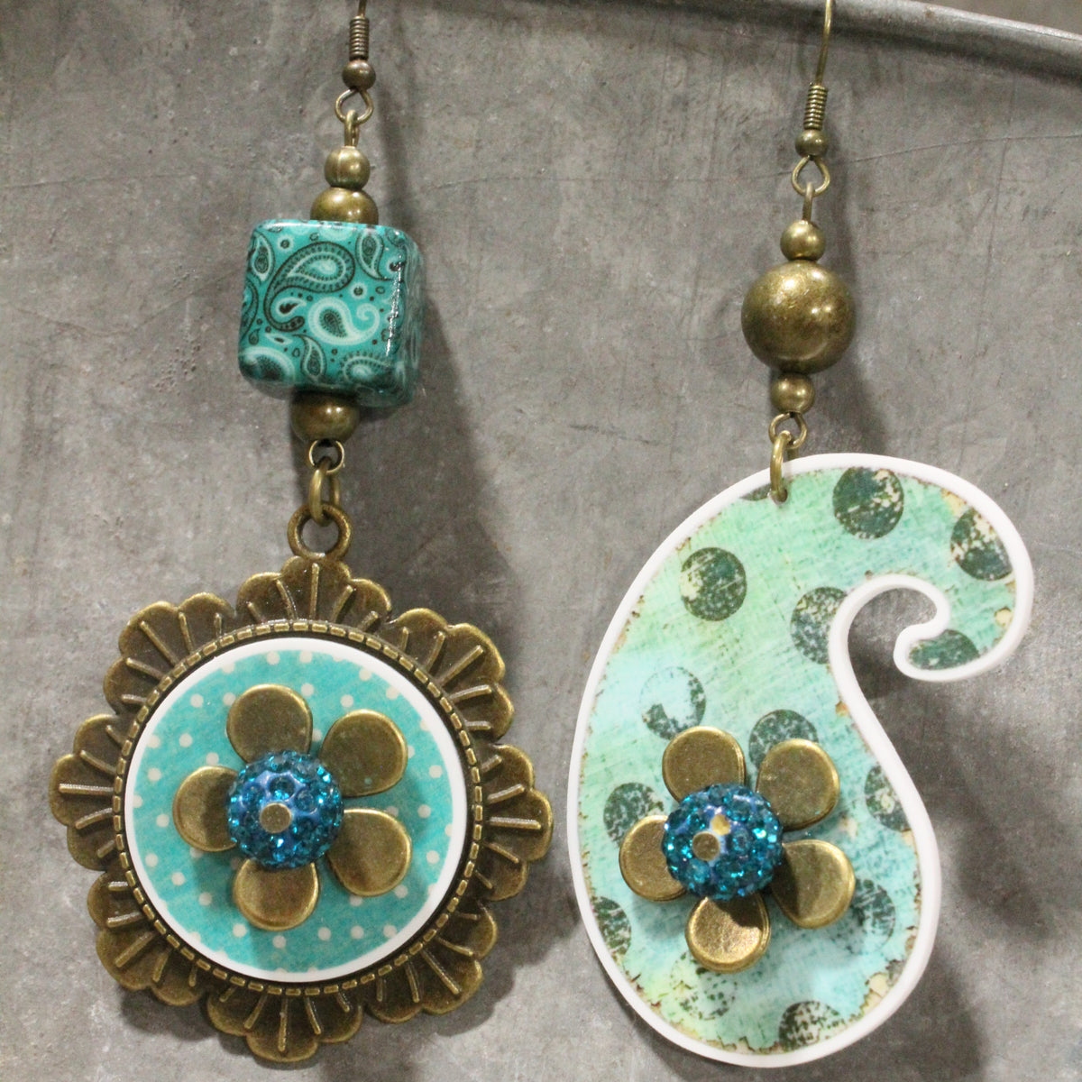 Peace, Paisley & Polka Dot Rusty Dangle Earrings