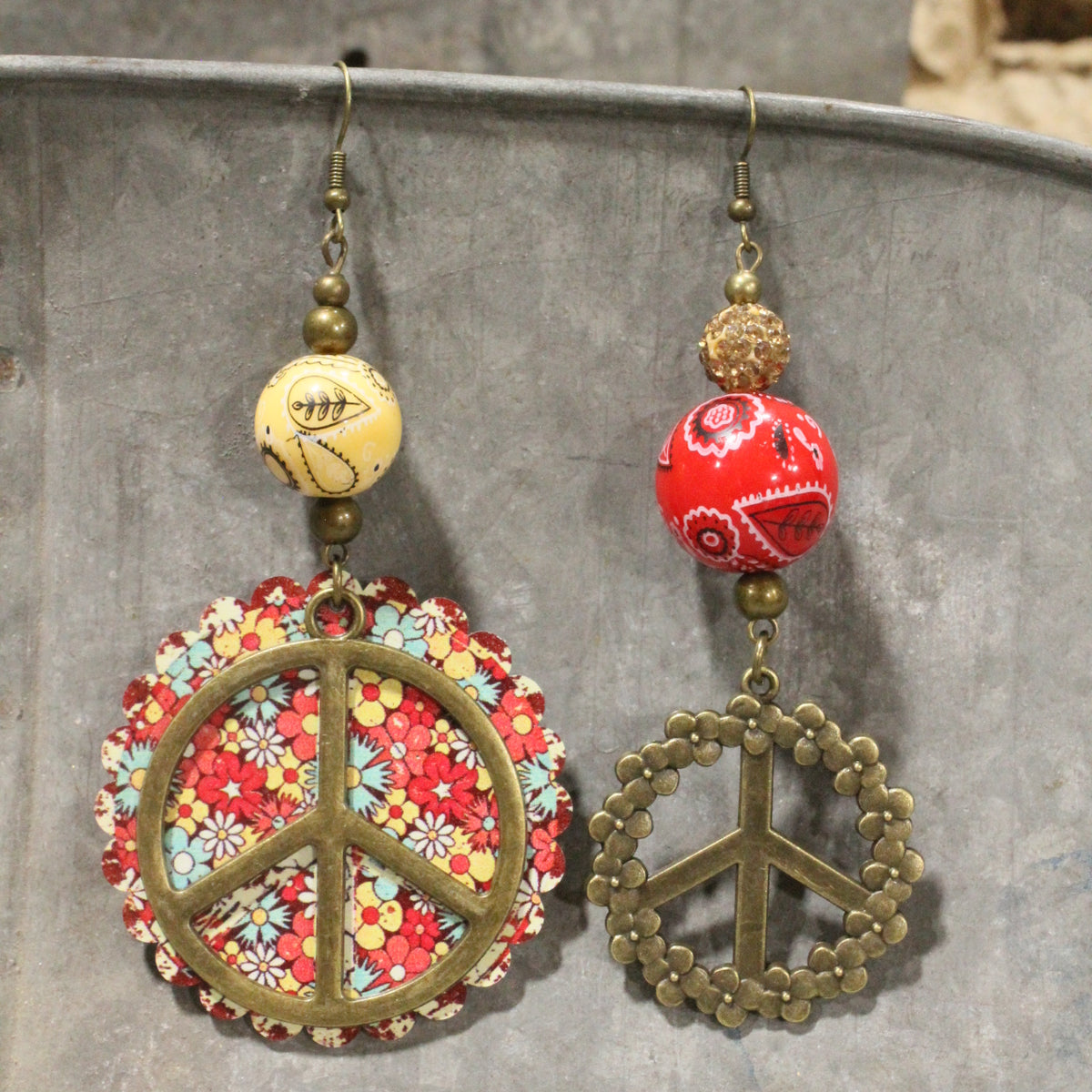 Peace, Paisley & Polka Dot Red Dangle Earrings