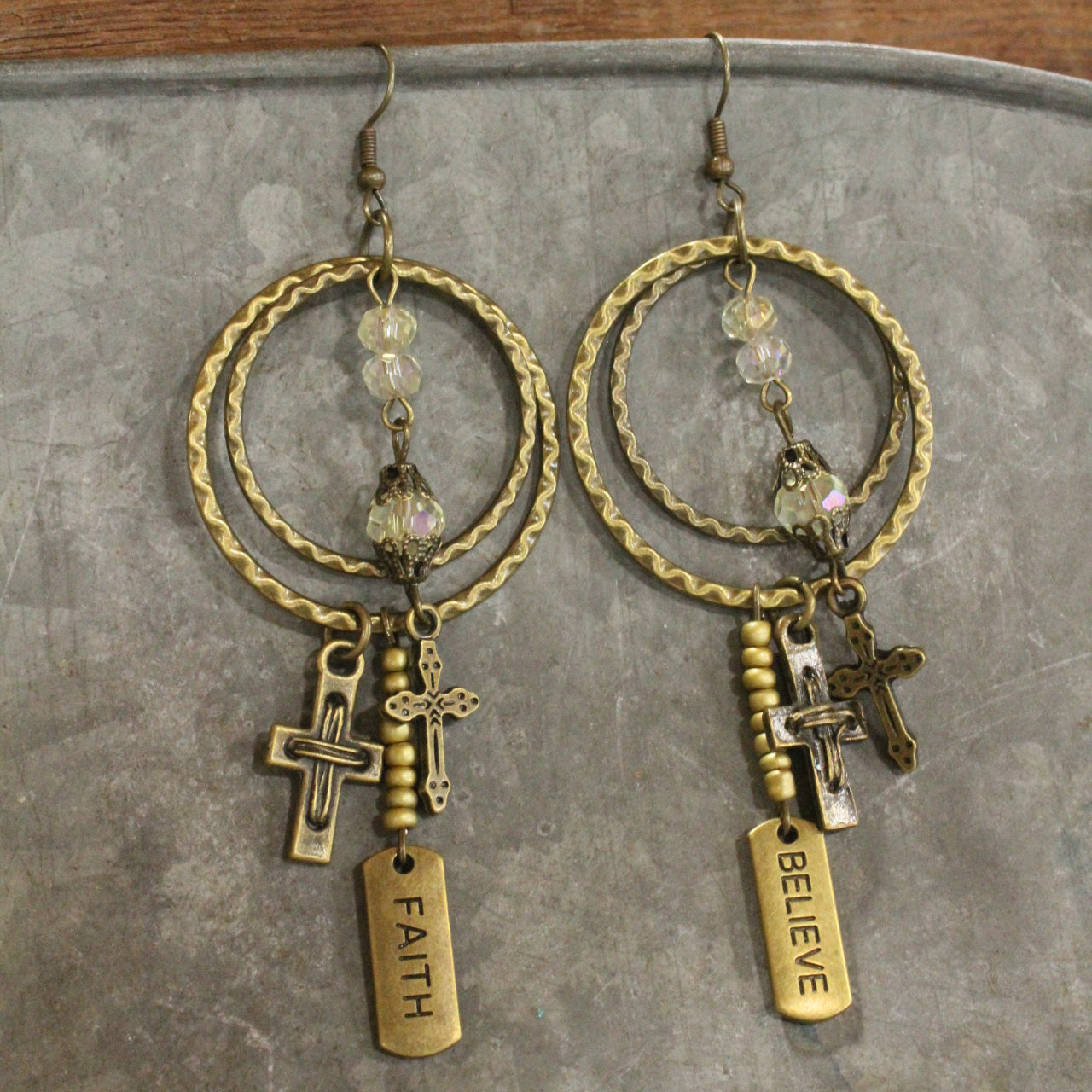 Layers Of Charm Bronze Cross Drop Earrings