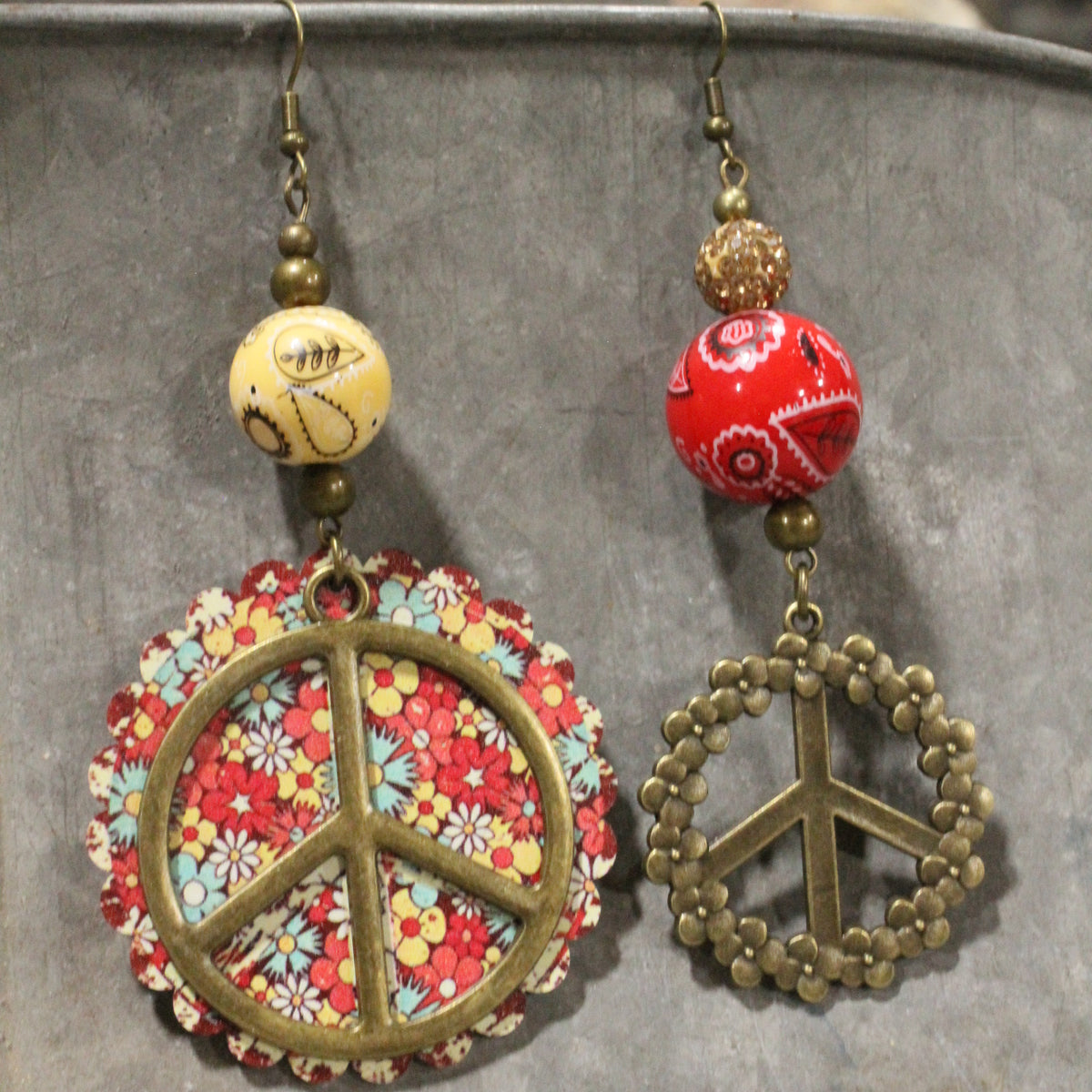 Peace, Paisley & Polka Dot Red Dangle Earrings