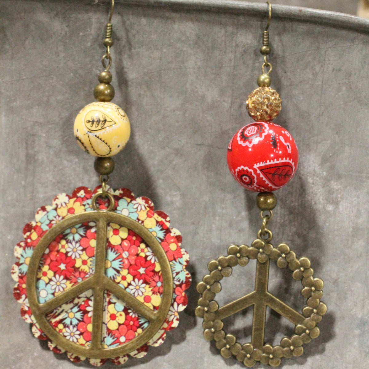 Peace, Paisley & Polka Dot Red Dangle Earrings