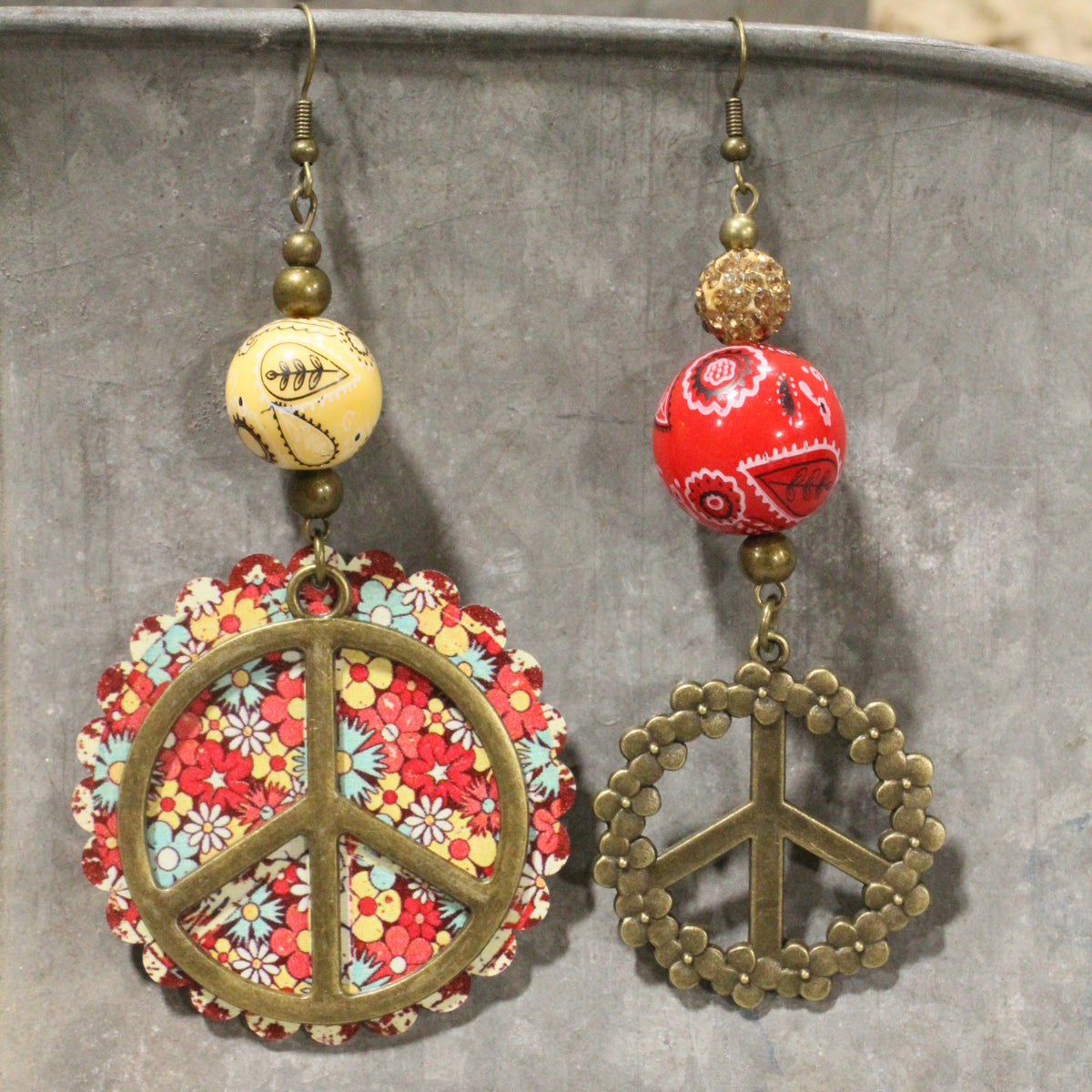 Peace, Paisley & Polka Dot Red Dangle Earrings