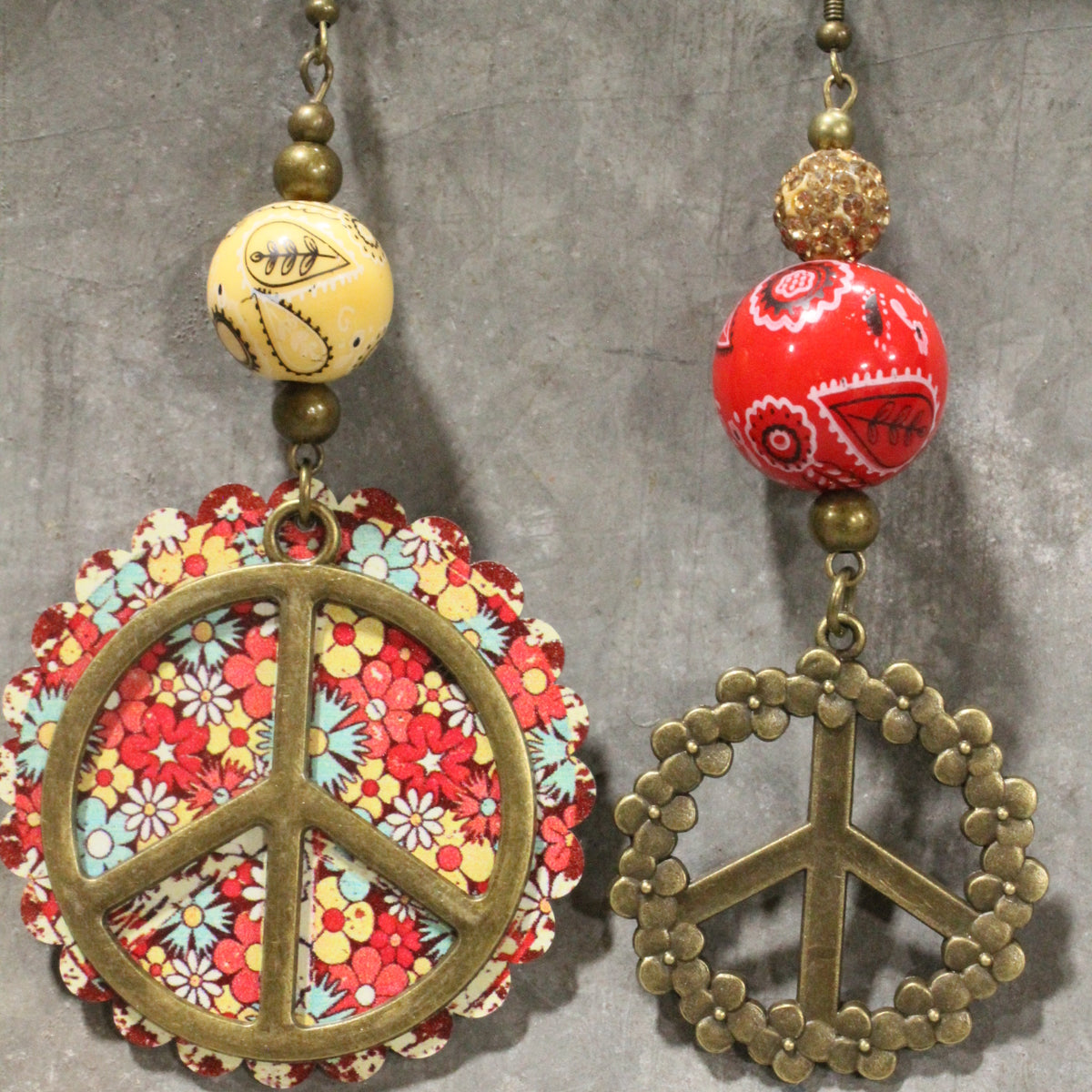 Peace, Paisley & Polka Dot Red Dangle Earrings