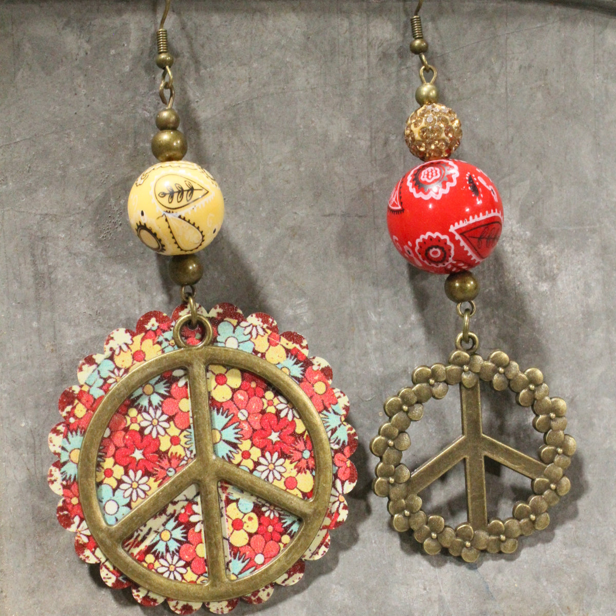 Peace, Paisley & Polka Dot Red Dangle Earrings