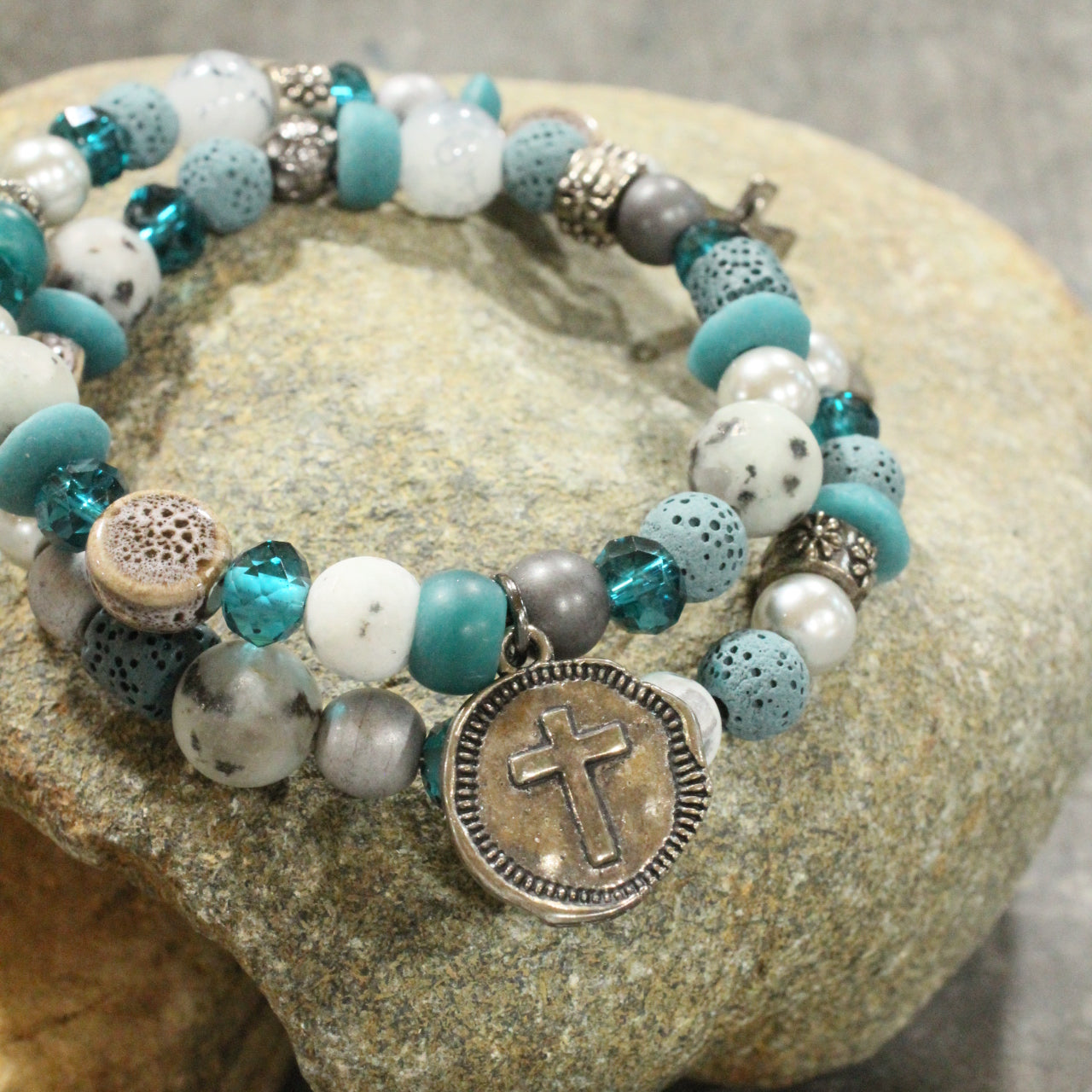 Gunmetal & Jade Stone Cross Layered Wrap Bracelet