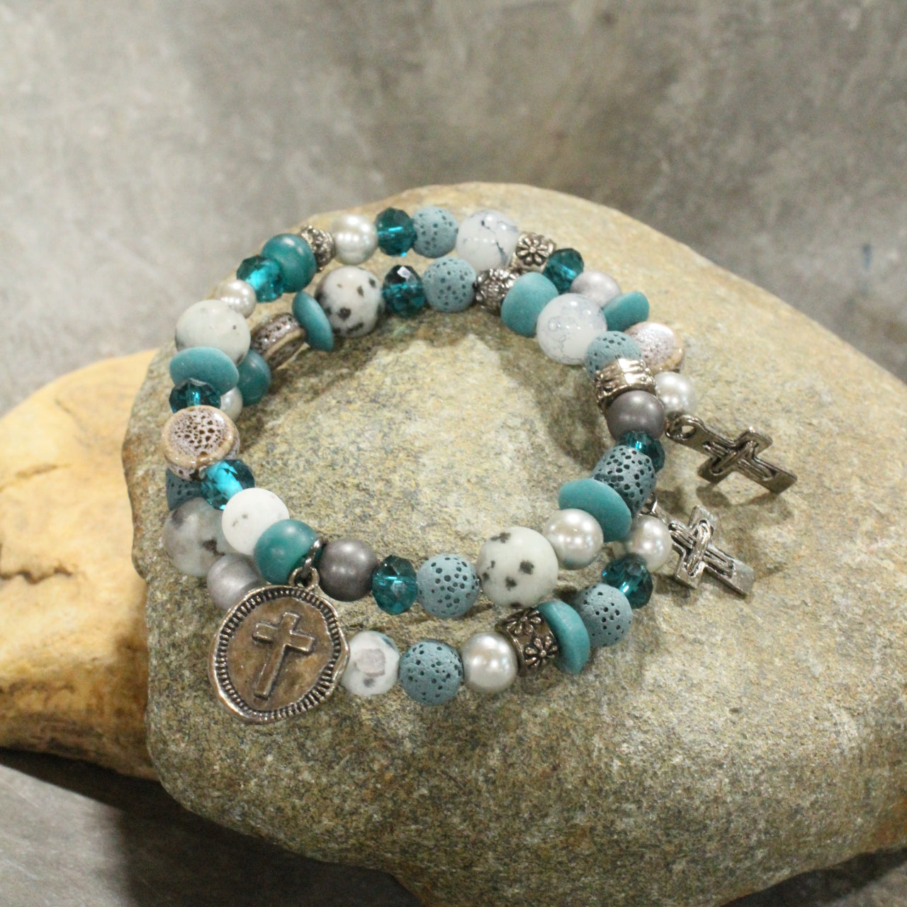 Gunmetal & Jade Stone Cross Layered Wrap Bracelet