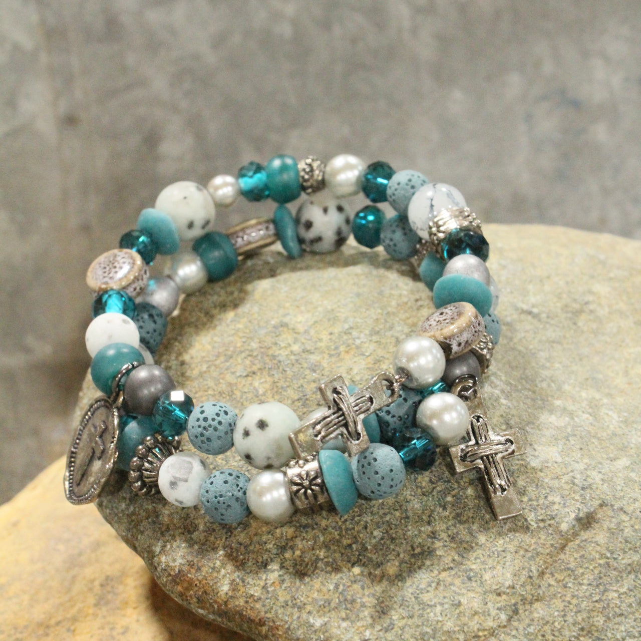 Gunmetal & Jade Stone Cross Layered Wrap Bracelet