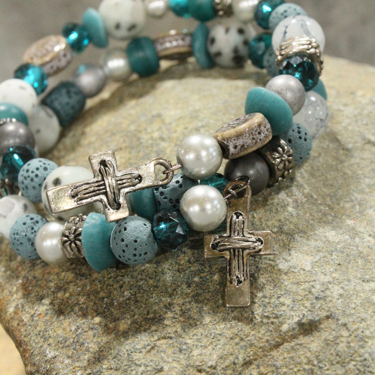 Gunmetal & Jade Stone Cross Layered Wrap Bracelet