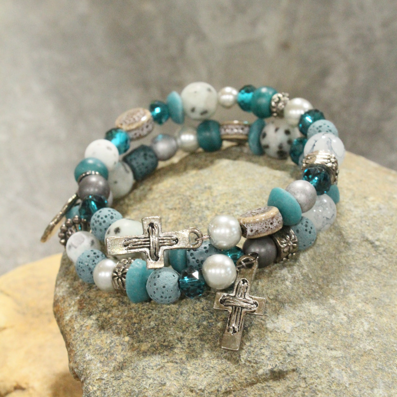 Gunmetal & Jade Stone Cross Layered Wrap Bracelet