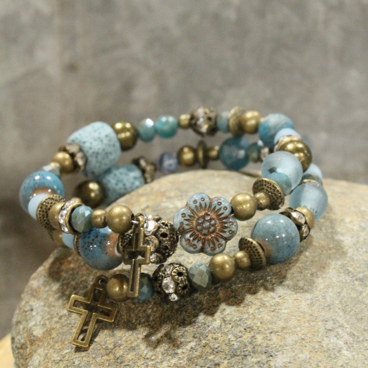 Vintage Bronze Cross & Denim Stone Bead Wrap Bracelet