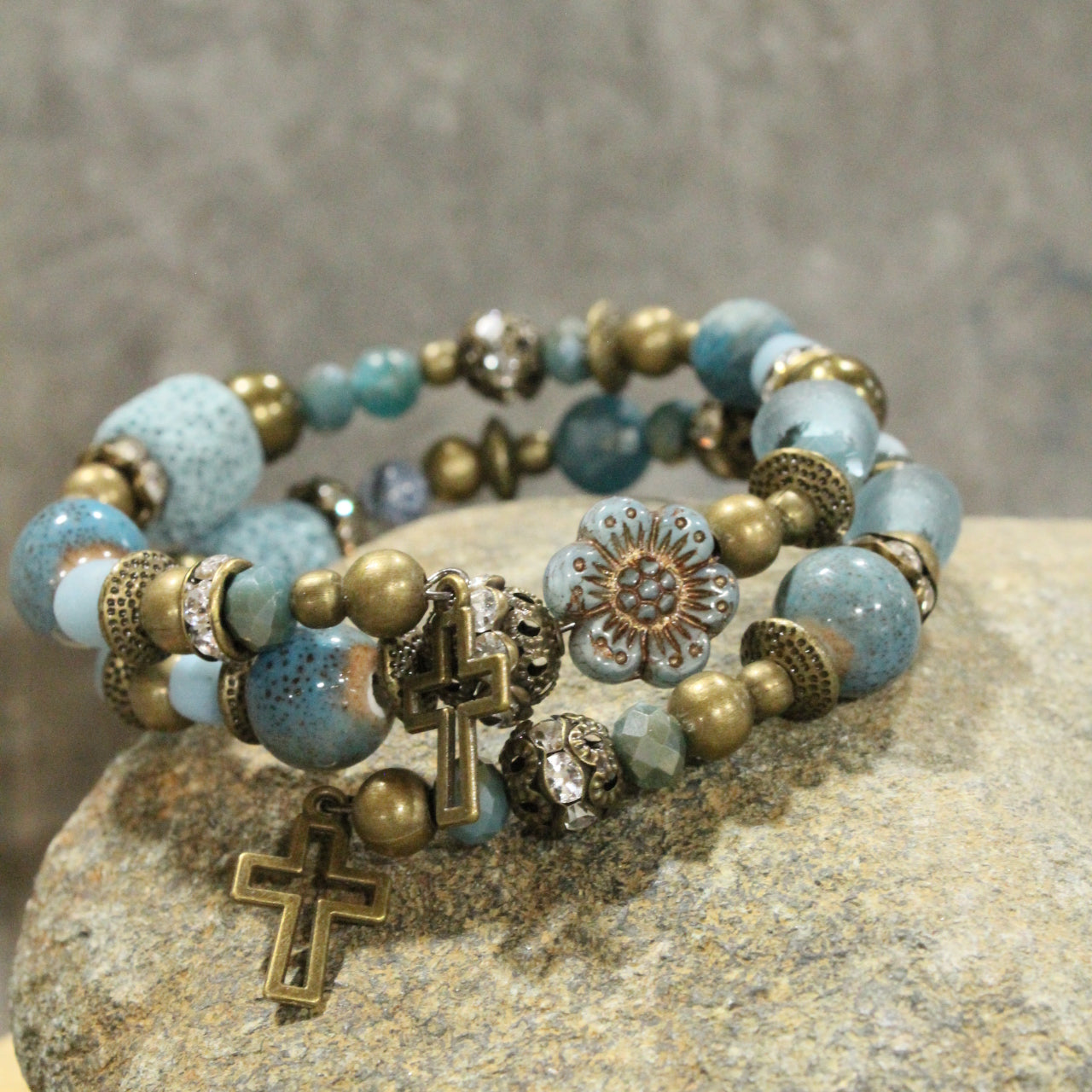 Vintage Bronze Cross & Denim Stone Bead Wrap Bracelet