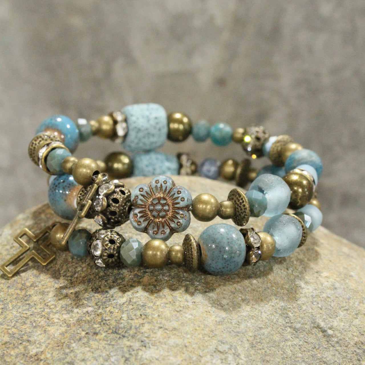 Vintage Bronze Cross & Denim Stone Bead Wrap Bracelet