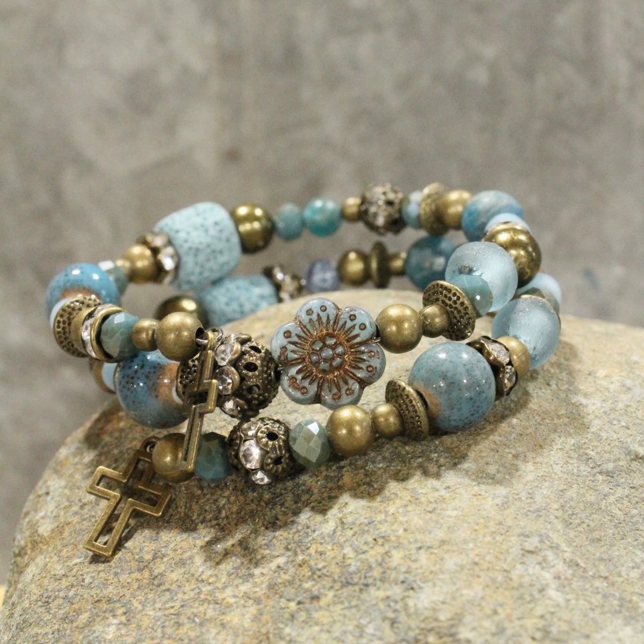 Vintage Bronze Cross & Denim Stone Bead Wrap Bracelet