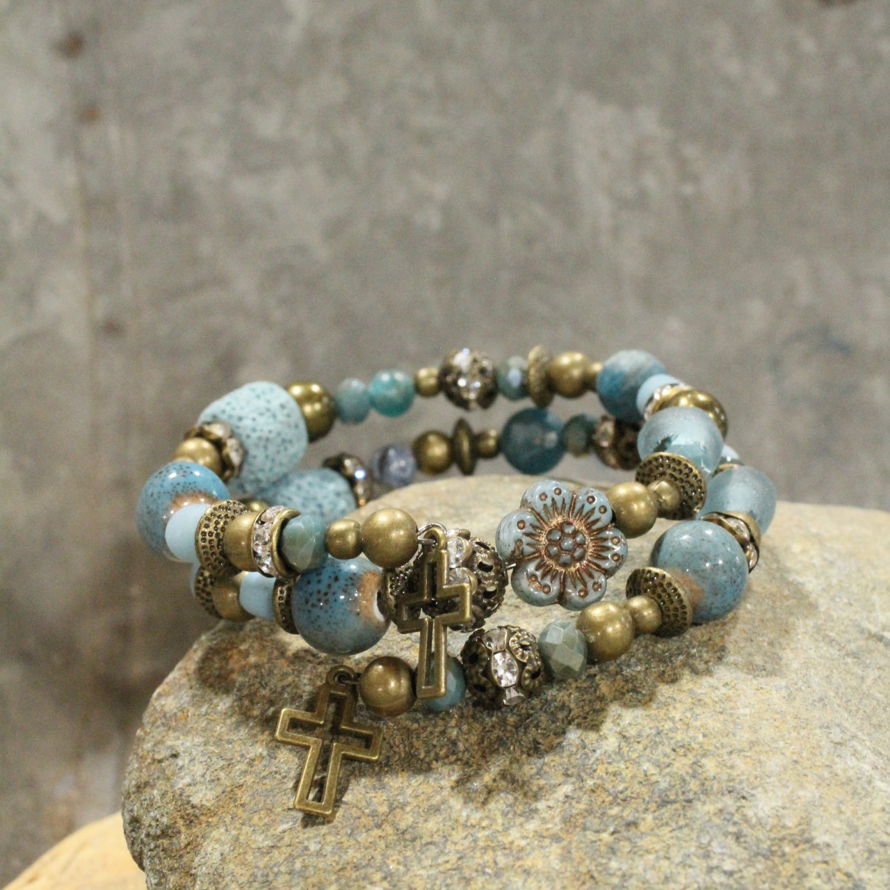 Vintage Bronze Cross & Denim Stone Bead Wrap Bracelet