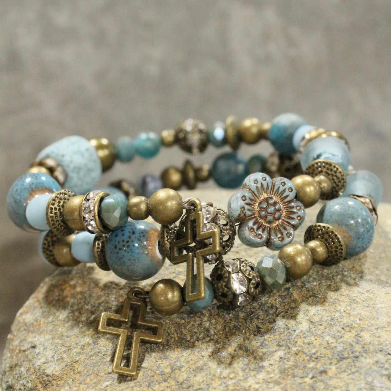 Vintage Bronze Cross & Denim Stone Bead Wrap Bracelet