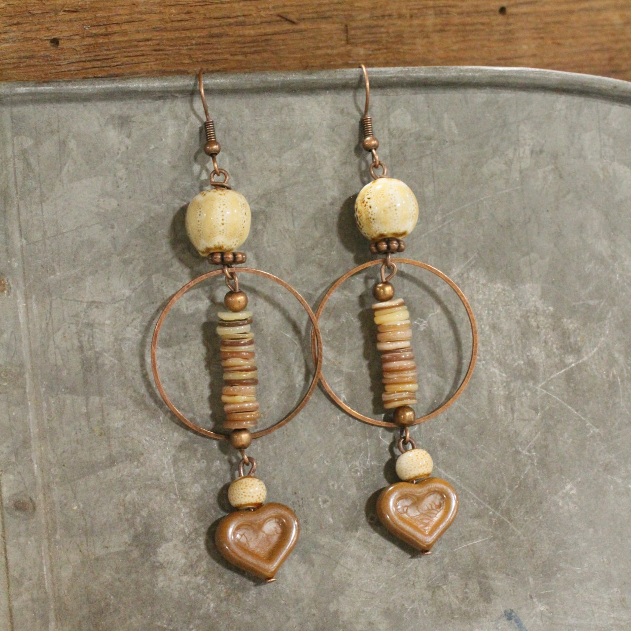 Copper & Czech Heart Dangle Earrings