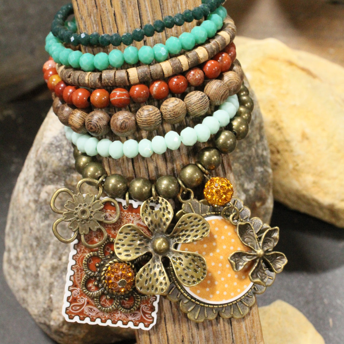 Peace, Paisley & Polka Dot Rusty Charm'd Bracelet Set