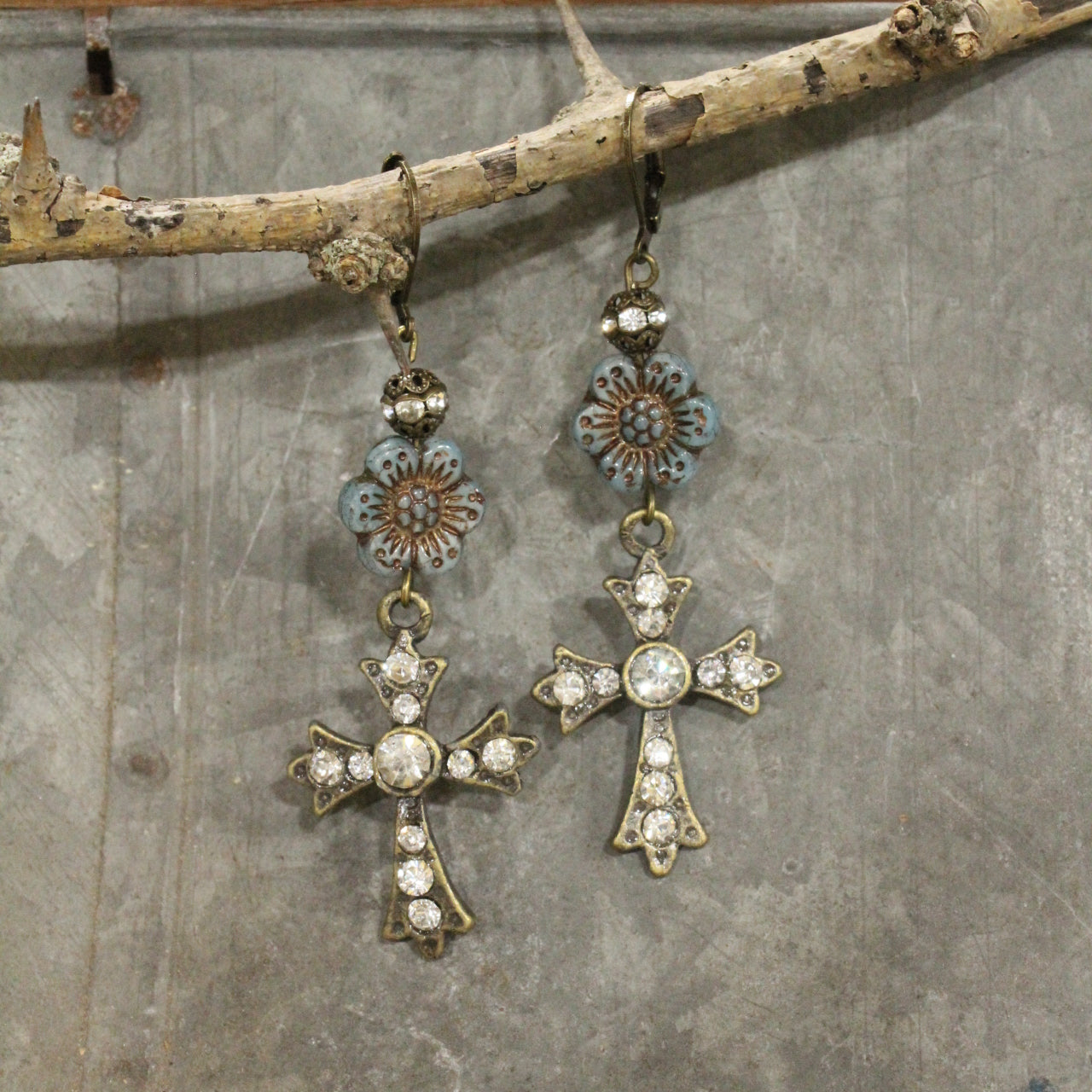 Vintage Bronze Cross & Denim Czech Dangle Earrings