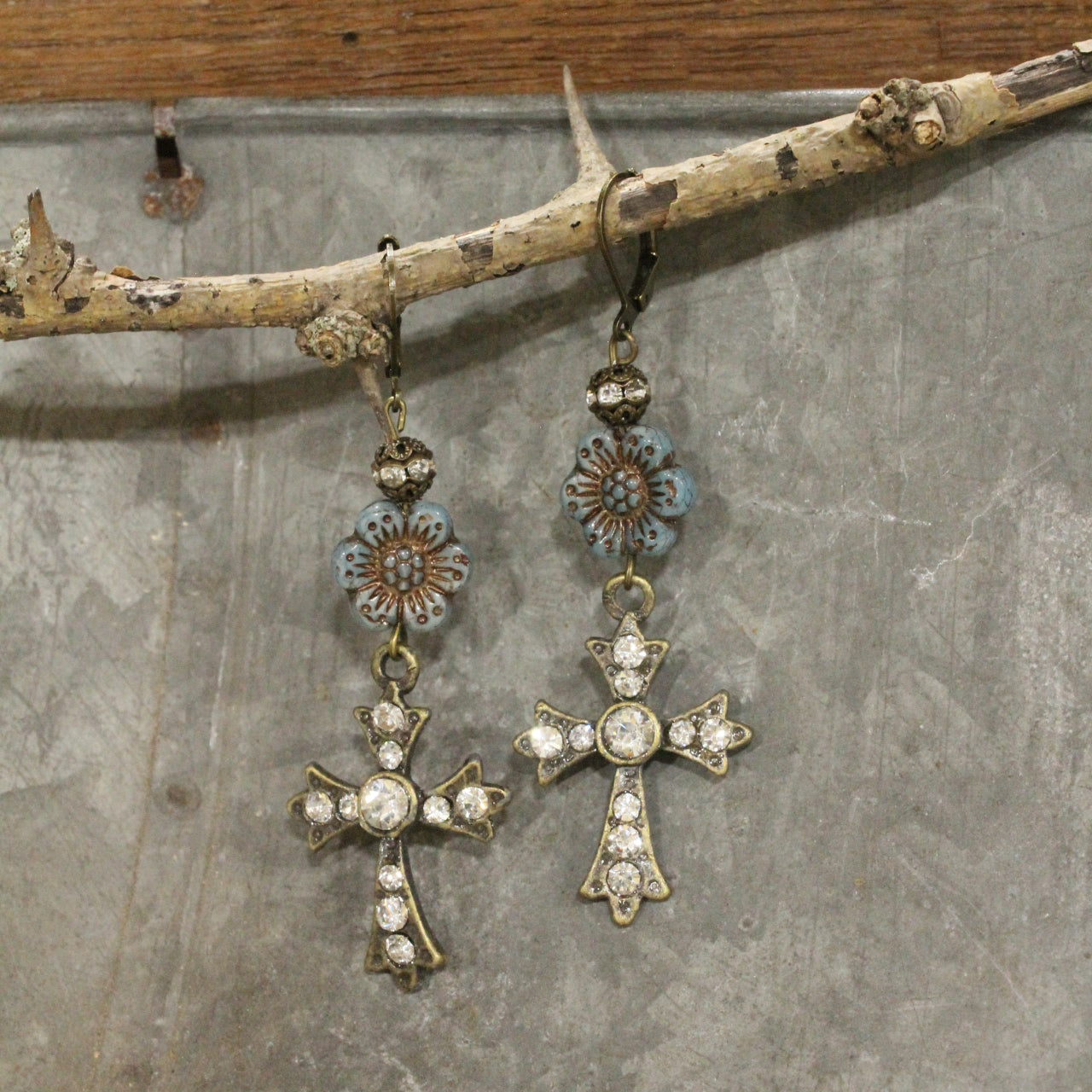 Vintage Bronze Cross & Denim Czech Dangle Earrings