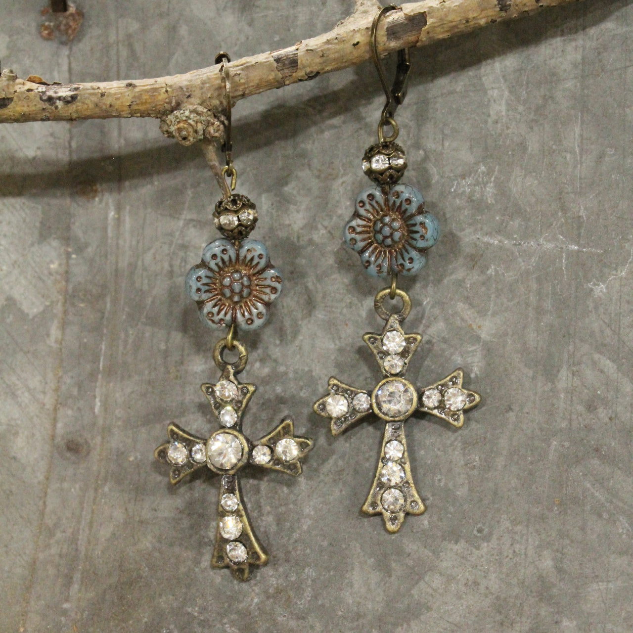 Vintage Bronze Cross & Denim Czech Dangle Earrings