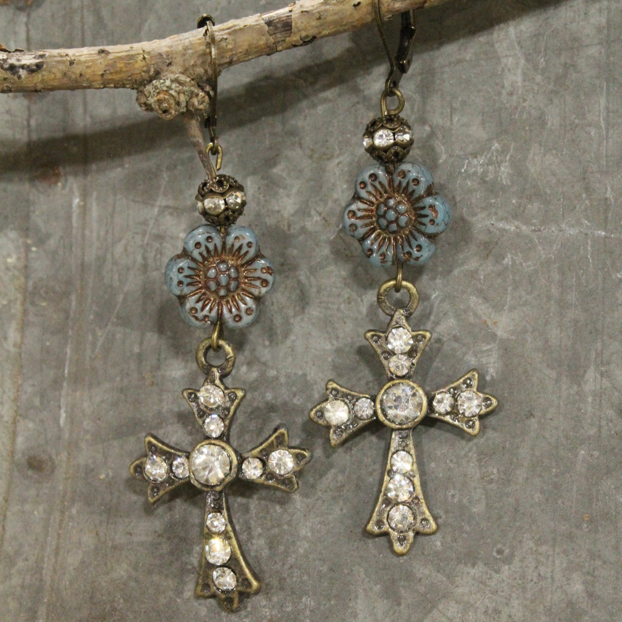 Vintage Bronze Cross & Denim Czech Dangle Earrings