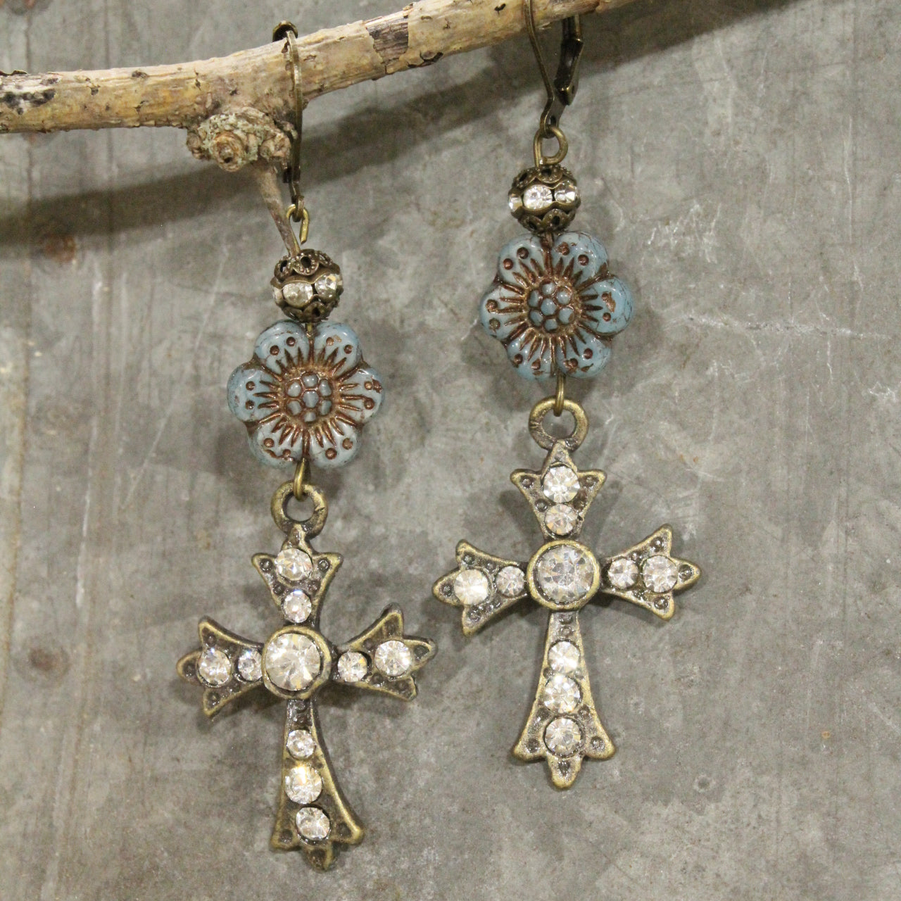 Vintage Bronze Cross & Denim Czech Dangle Earrings