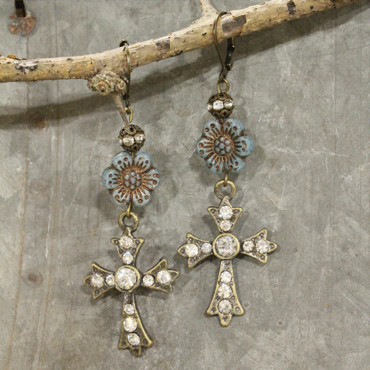 Vintage Bronze Cross & Denim Czech Dangle Earrings