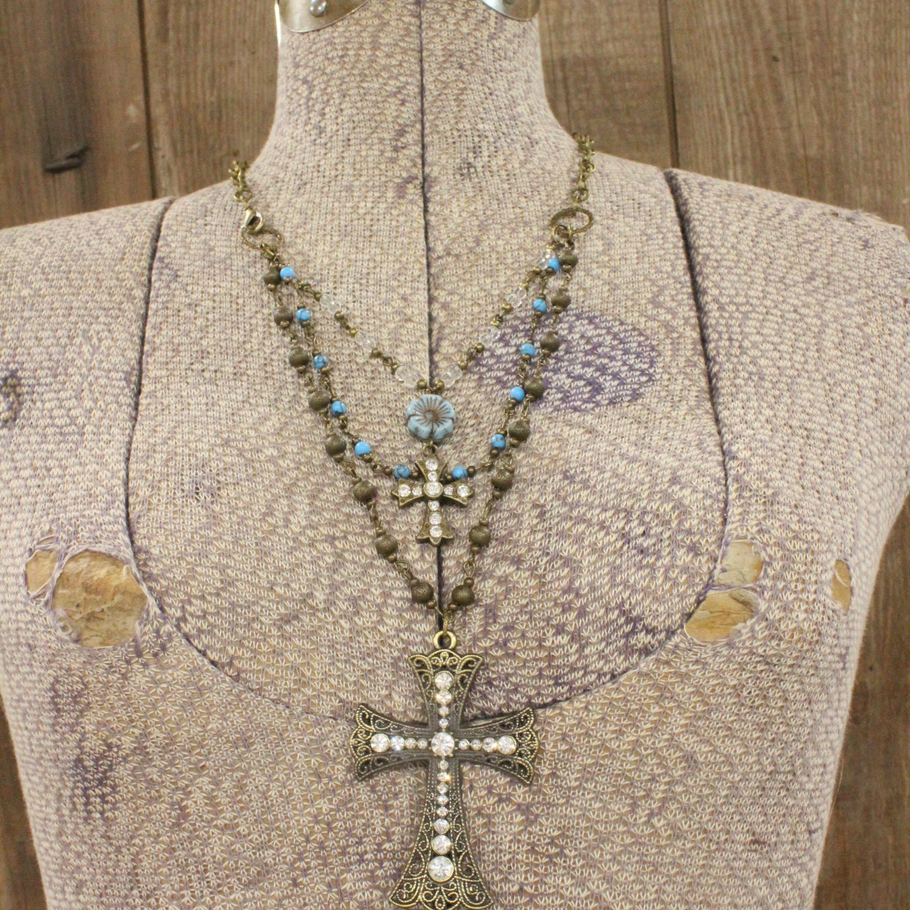 Vintage Bronze Cross Denim Czech Pendant Layered Necklace