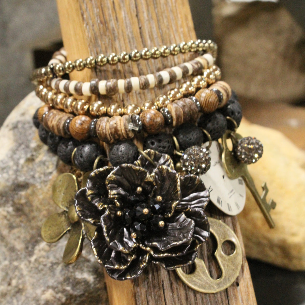 Simply Elegant Black Leopard Flower Charm'd Bracelet Set