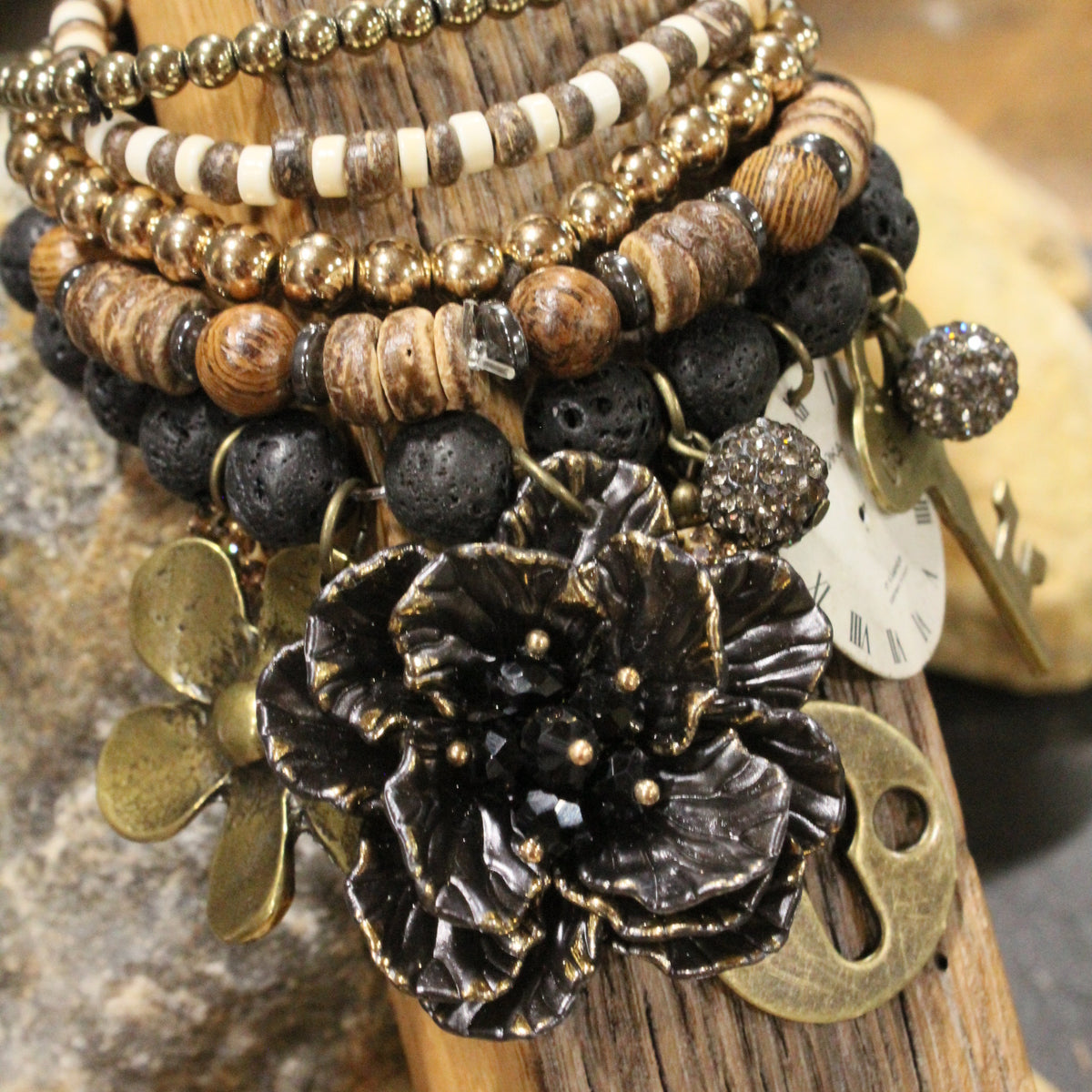 Simply Elegant Black Leopard Flower Charm'd Bracelet Set