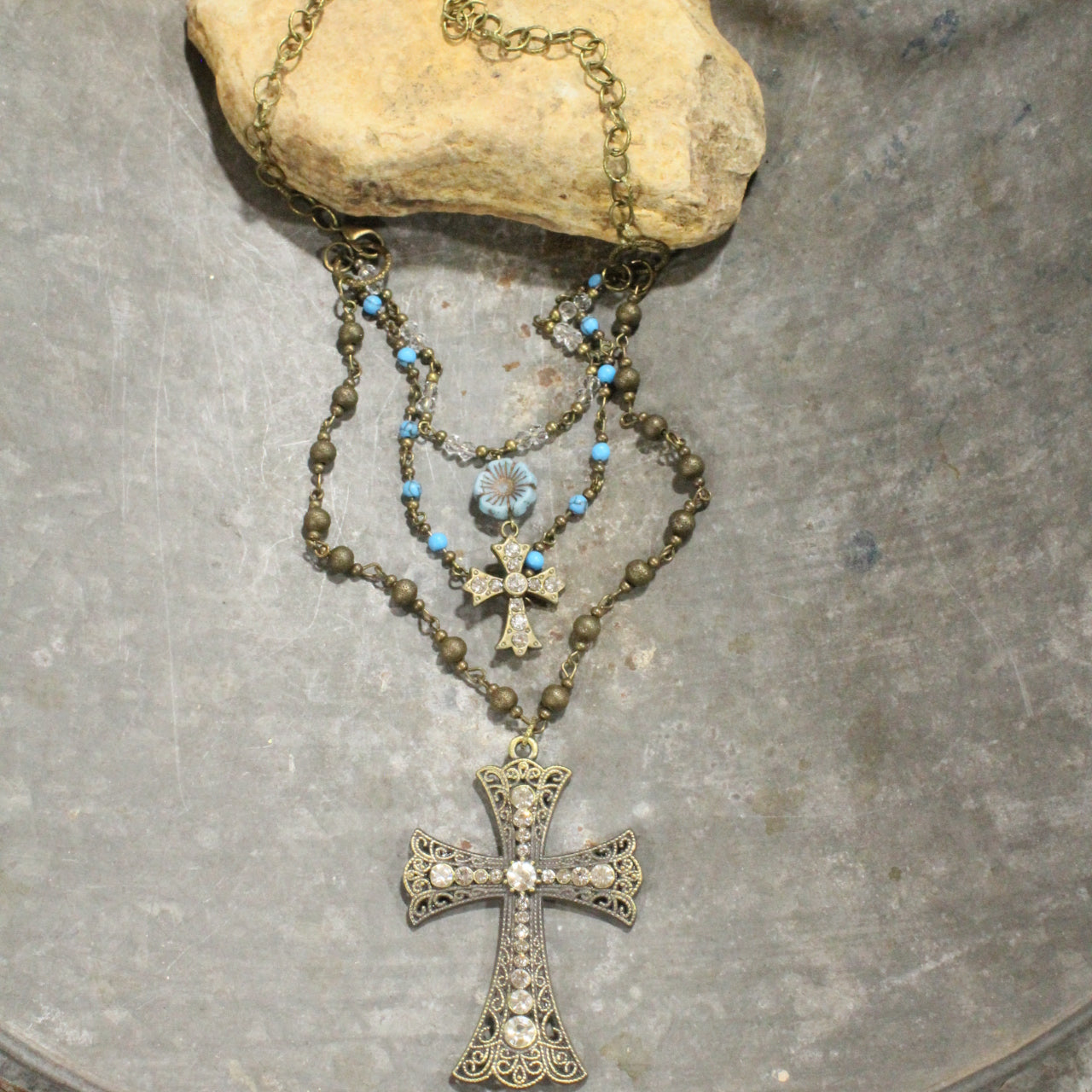 Vintage Bronze Cross Denim Czech Pendant Layered Necklace