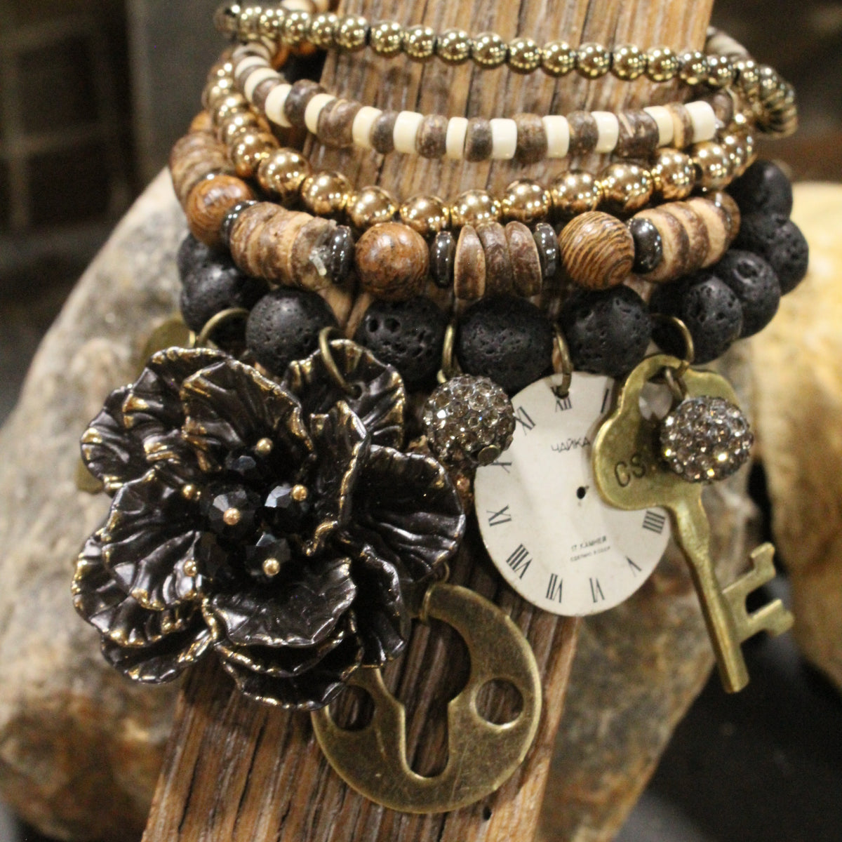 Simply Elegant Black Leopard Flower Charm'd Bracelet Set