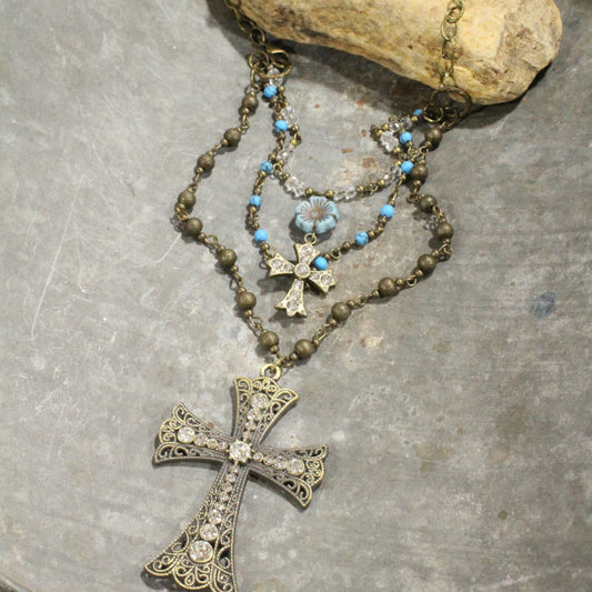 Vintage Bronze Cross Denim Czech Pendant Layered Necklace