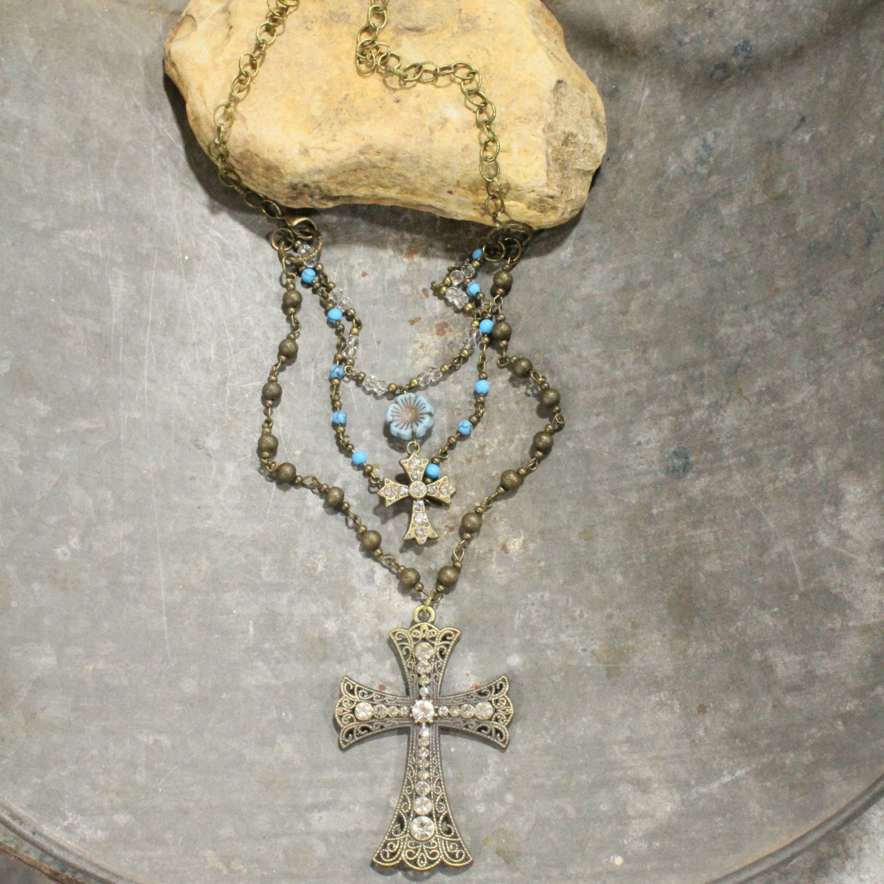 Vintage Bronze Cross Denim Czech Pendant Layered Necklace