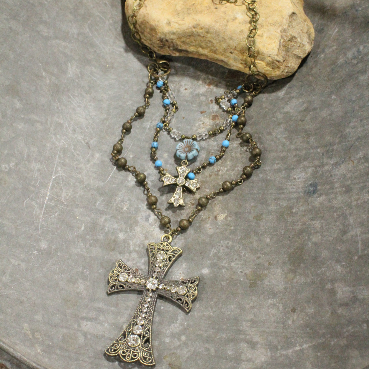 Vintage Bronze Cross Denim Czech Pendant Layered Necklace