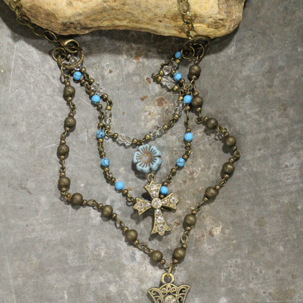 Vintage Bronze Cross Denim Czech Pendant Layered Necklace