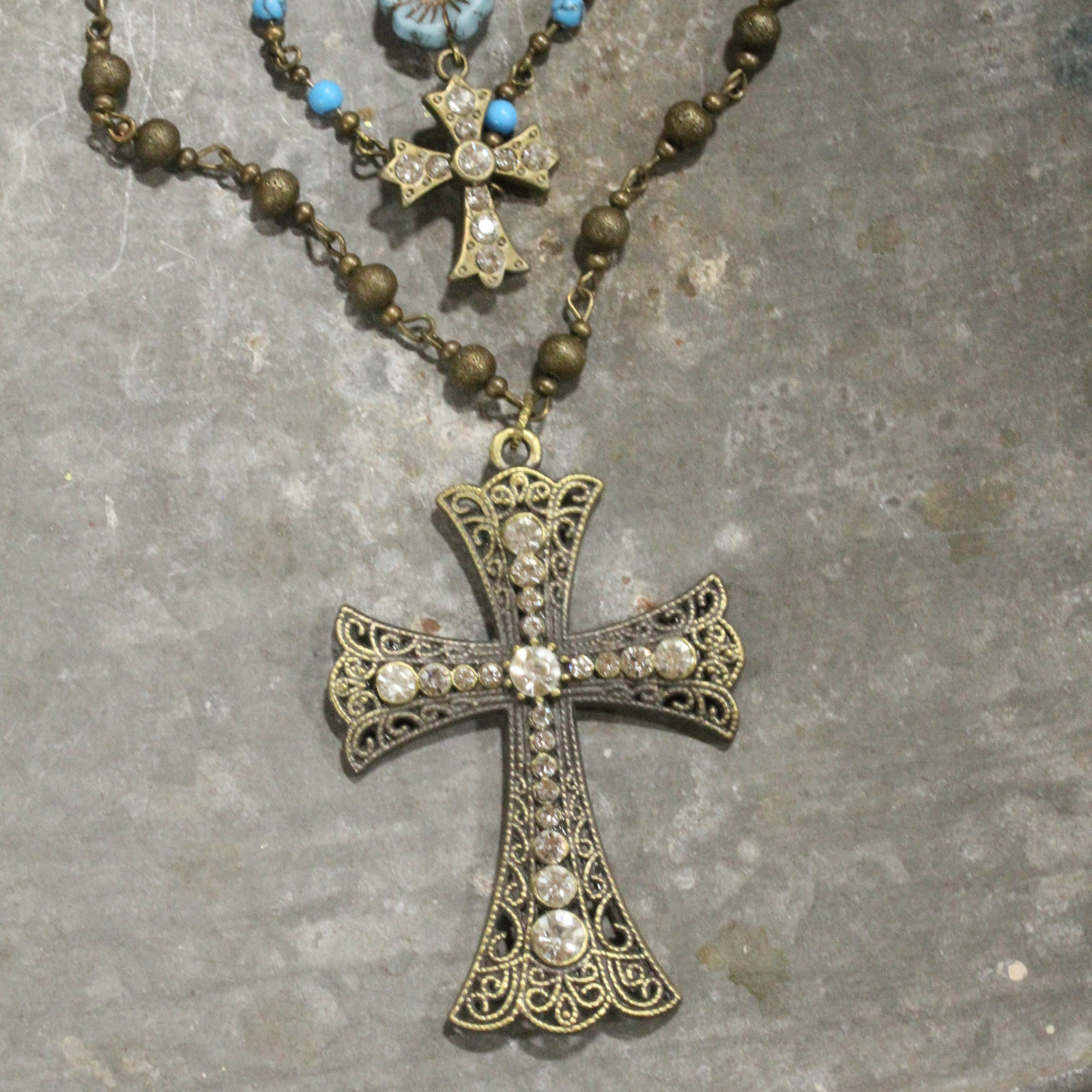 Vintage Bronze Cross Denim Czech Pendant Layered Necklace