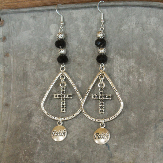 Antique Silver Faith & Cross Charming Dangle Earrings