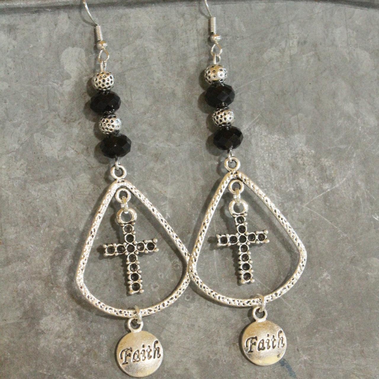 Antique Silver Faith & Cross Charming Dangle Earrings