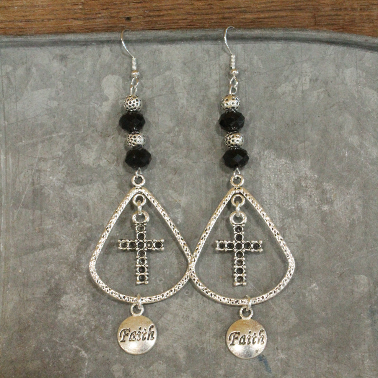 Antique Silver Faith & Cross Charming Dangle Earrings