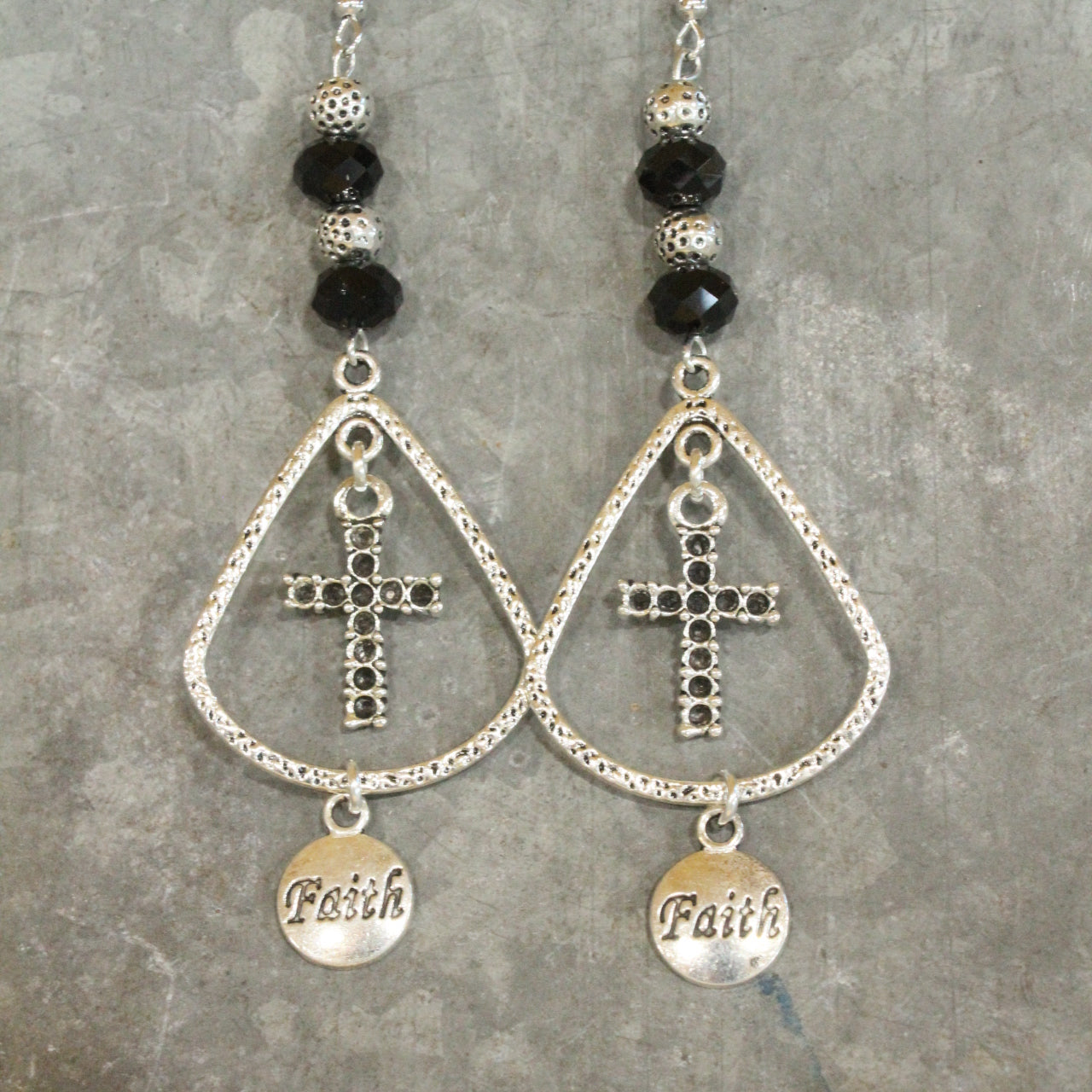 Antique Silver Faith & Cross Charming Dangle Earrings