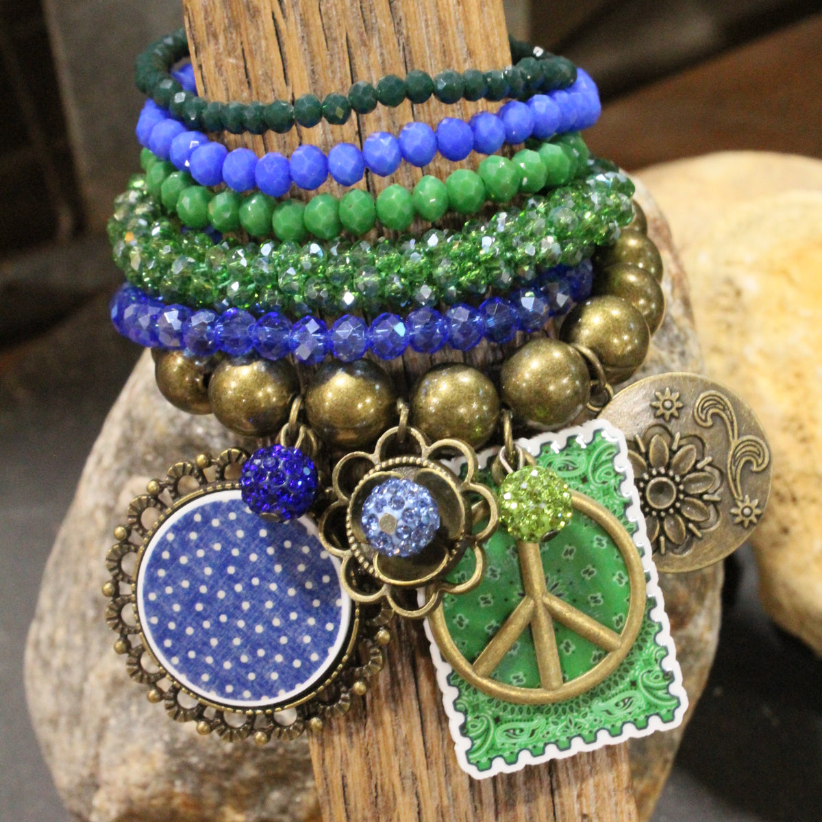 Peace, Paisley & Polka Dot Green Charm'd Bracelet Set