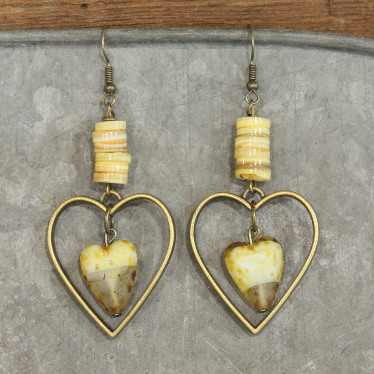 Bronze Charming Czech Heart & Shells Dangle Earrings