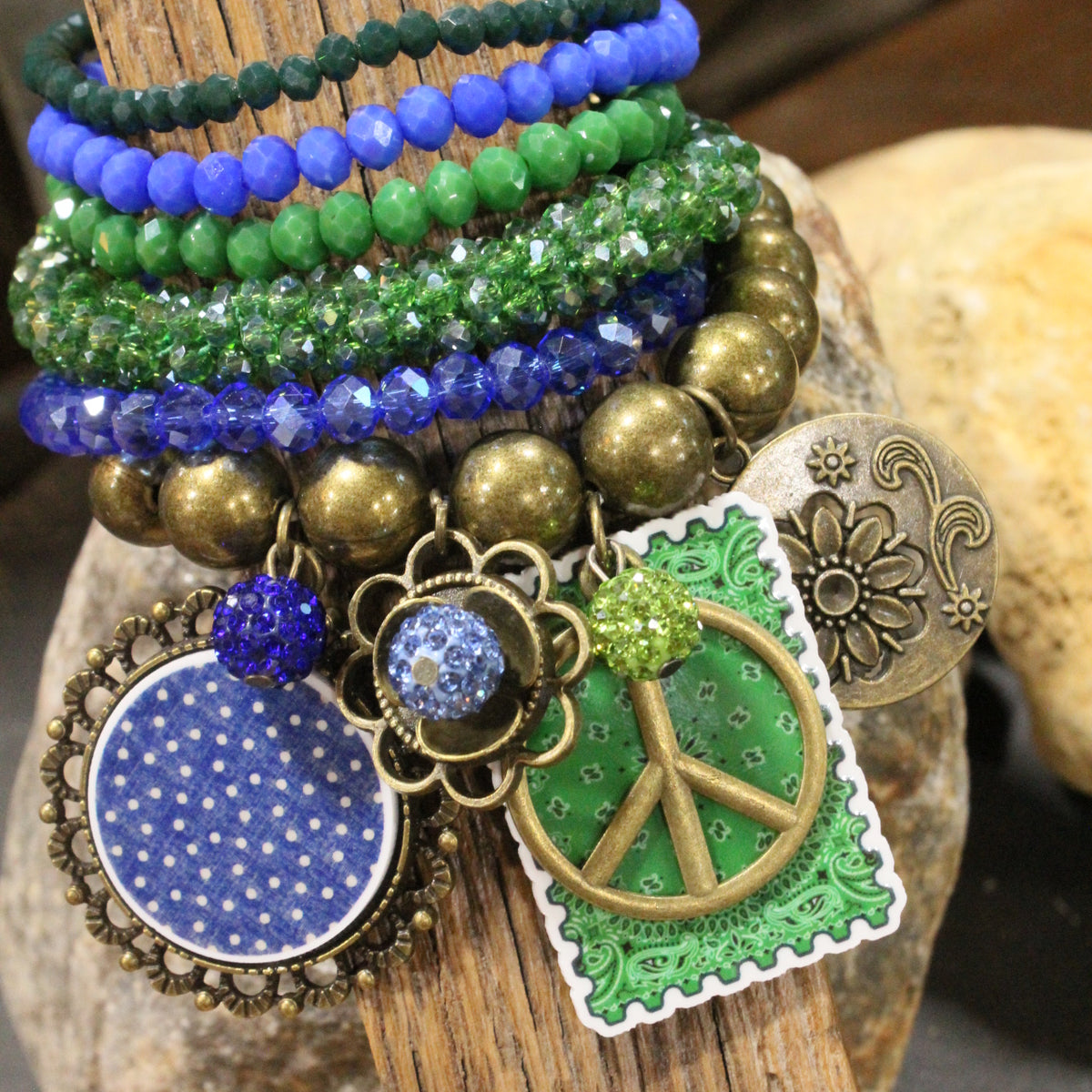 Peace, Paisley & Polka Dot Green Charm'd Bracelet Set