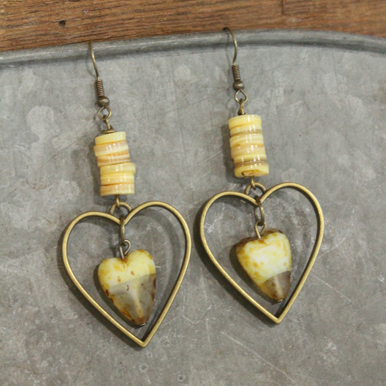 Bronze Charming Czech Heart & Shells Dangle Earrings